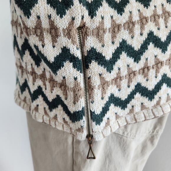 Vintage 90s Christopher & Banks Tan Green Southwestern Knit Quarter Zip Sweater - Picture 6 of 10